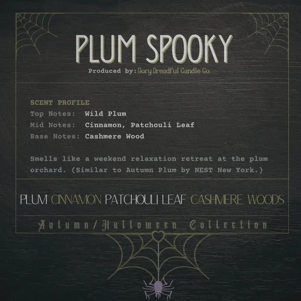 Plum Spooky Wickless Candle: Plum Cinnamon Patchouli Leaf Cashmere Woods Scent